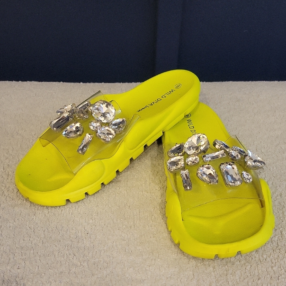 Wild Diva Yellow Slide Sandals with Rhinestones